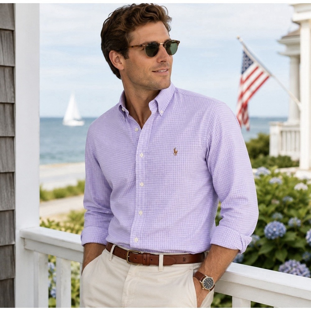 Ralph Lauren Blake Purple Lavender Check Button Down Shirt Men's Medium Cotton